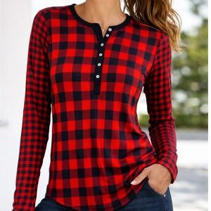 Chaps Henley Top Womens Medium Red Buffalo Plaid Check Long Sleeve Button Front